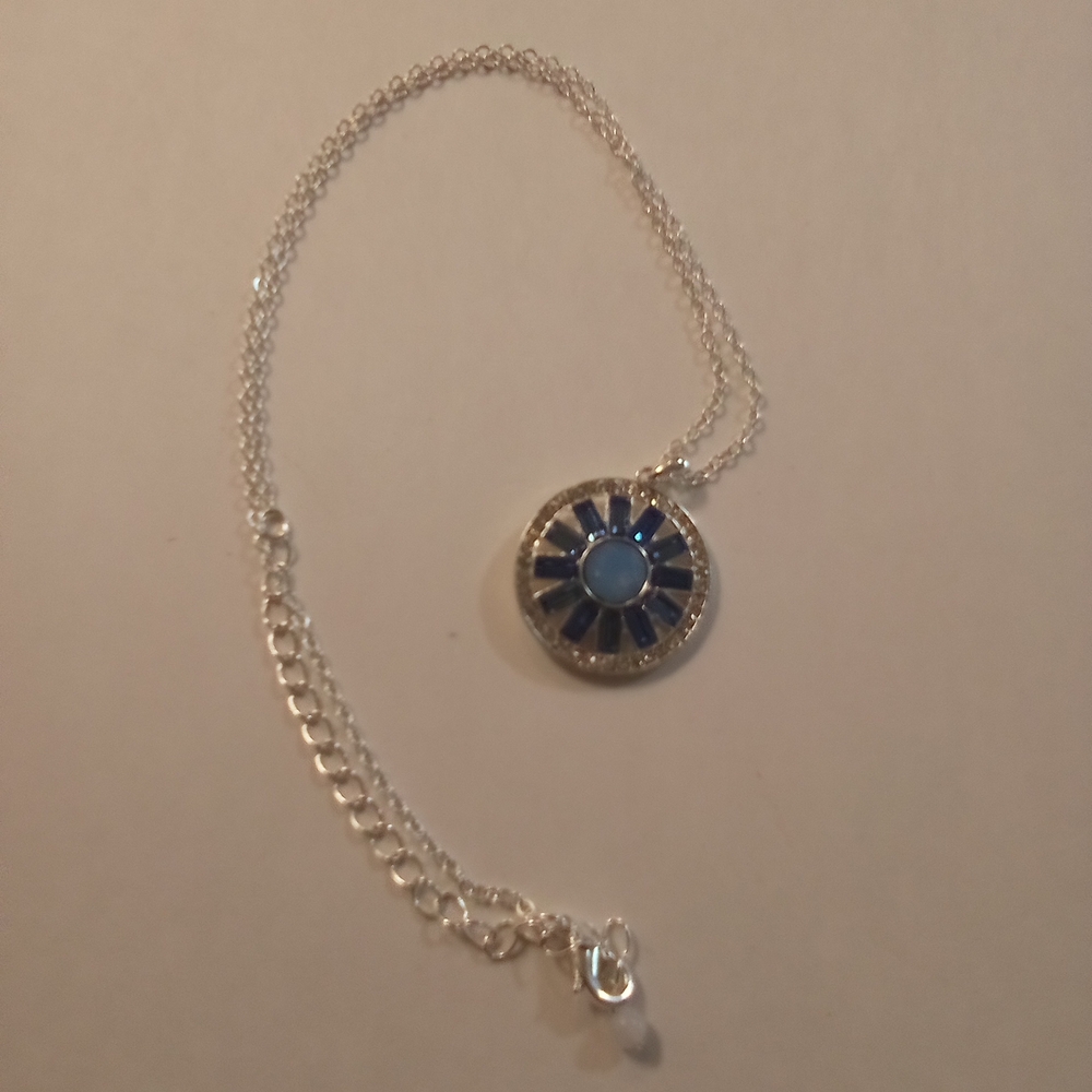 Avon Blue and Silver Necklace with Delicate Chain and Circular Pendant